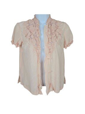 Vintage 40s Peach Embroidered Short Sleeve Silk Blouse Frog Button Womens XS
